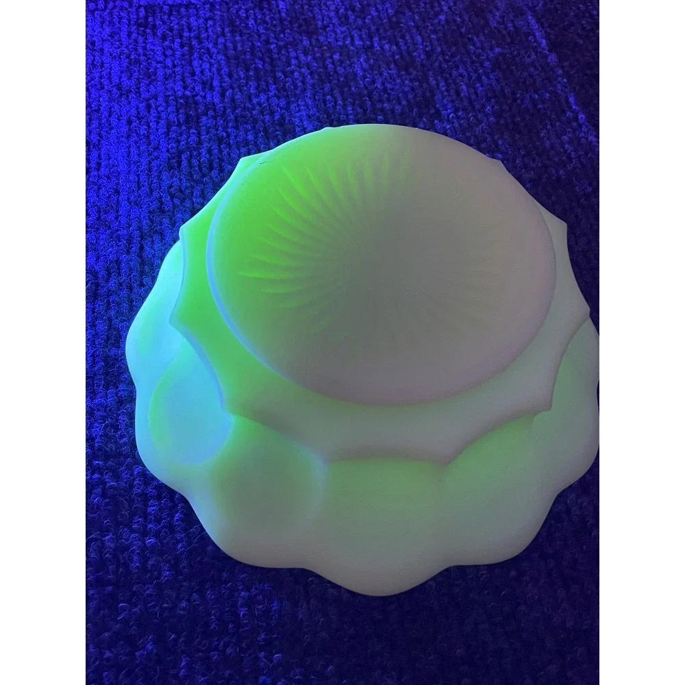 Vintage Uranium Custard Glass Scalloped Bowl Grape Pattern UV Glow 4.5 Inch
